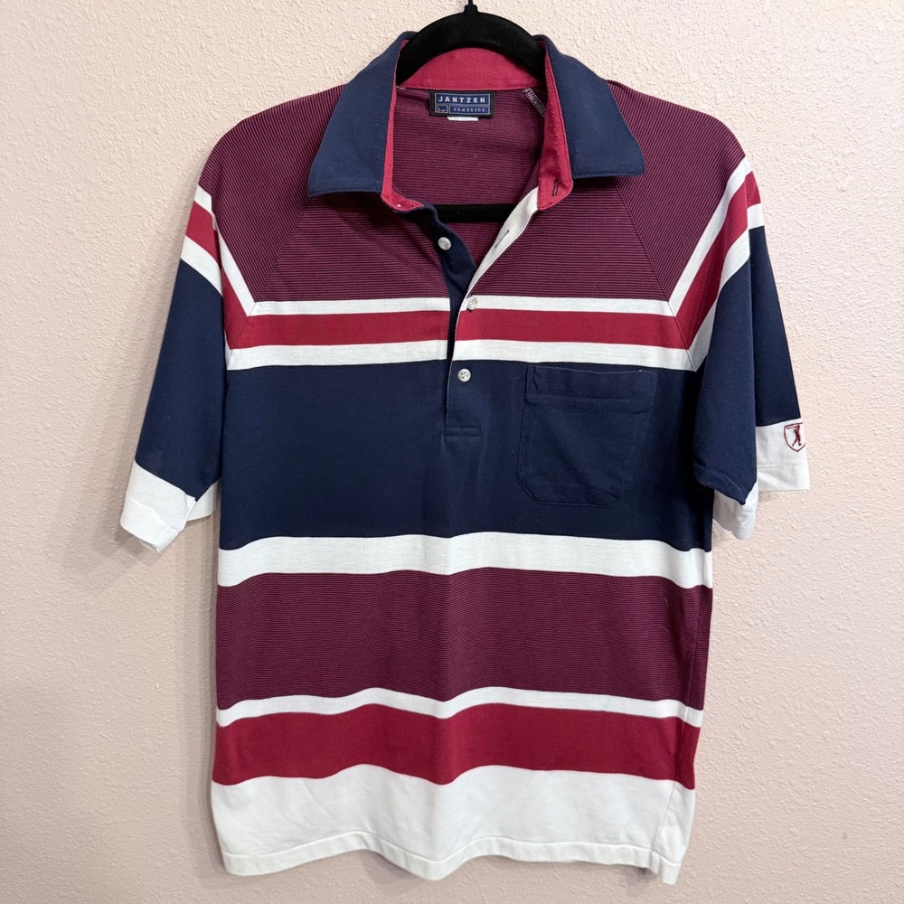 Retro Jantzen Classics Mens Medium Striped Polo Shirt Navy Burgundy Red Vintage